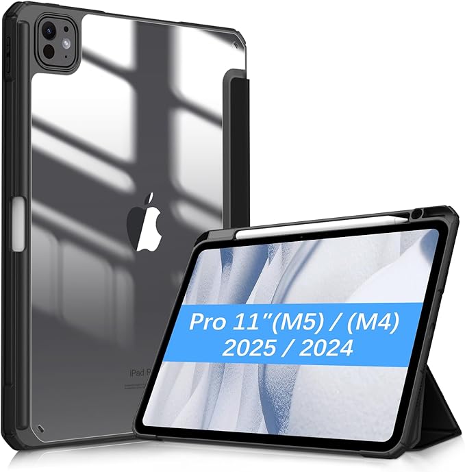 Fintie Hybrid Slim Case for iPad Pro 11-inch (M5) 2025 / (M4) 2024 - [Built-in Pencil Holder] Shockproof Protective Cover with Clear Transparent Back Shell, Black