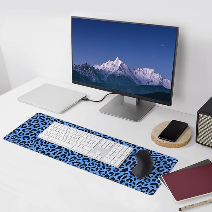 Blue Leopard Skin Print XL Large Mouse Pad with Stitched Edges Long Non-Slip Rubber Base Mousepad Laptop Keyboard Mat Desk Pad for Office Home Desk Decor, 31.5" X 11.8"