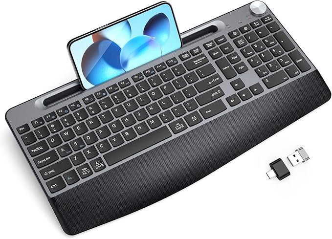 GAMCATZ Ergonomic Wireless Keyboard with Wrist Rest-Low-Profile,Phone/Tablet Holder,Quiet Design，Windows & Mac OS，Full Size Cordless USB Computer Keyboard for Desktop,Laptop, PC, Mac, Windows-Black