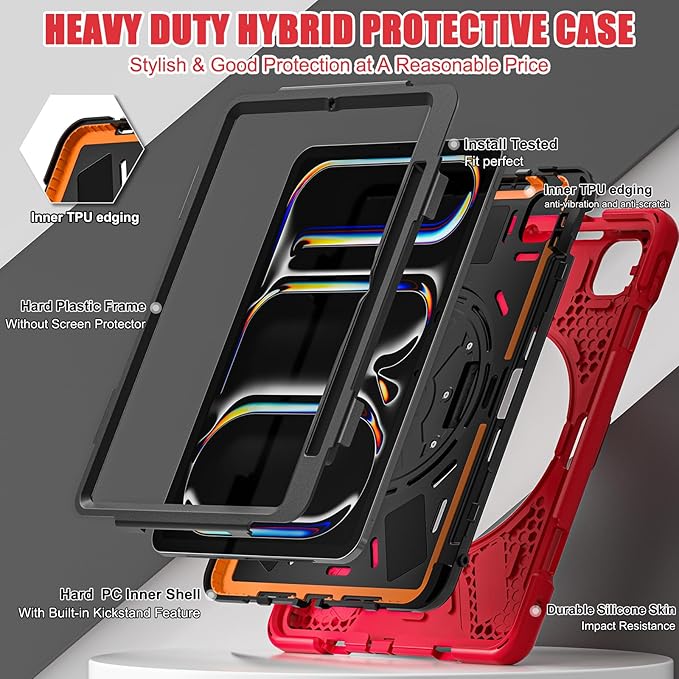 Batianda Case for New iPad Pro 11-inch 2025 M5 2024 M4 Chip Heavy Duty Rugged Durability Silicone Tablet Cover with 360° Rotating Hand Strap Foldable Hidden Stand & Shoulder Strap, Red