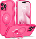 CAPRARO for iPhone 14 Pro Case with 360° Spin Magnetic Stand for Women, [Compatible with MagSafe] [Full Camera Protection] Cute Wave Translucent Matte Case for iPhone 14 Pro,Hot Pink