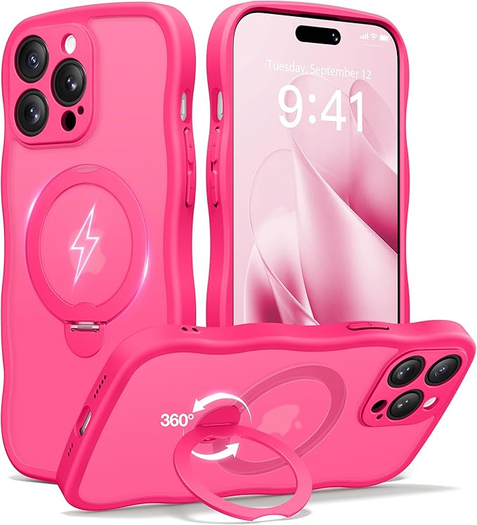 CAPRARO for iPhone 14 Pro Max Case with 360° Spin Magnetic Stand for Women, [Compatible with MagSafe] [Full Camera Protection] Cute Wave Translucent Matte Case for iPhone 14 Pro Max, Hot Pink