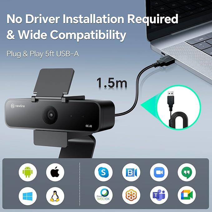 N newline 4K Webcam with Microphone, AI Presenter Tracking, Gesture Control, 95°/78°/65° FOV, Plug & Play, PC Camera with Privacy Cover for Laptop, Zoom, Teams