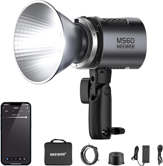 NEEWER MS60 LED Video Light with 2.4G/APP Control, 65W 5600K Daylight Mini COB Continuous Output Lighting, 40000lux/1m, CRI 97+/TLCI 98+, 9 Scenes, 0-100% PWM Dimming, Bowens Mount Adapter