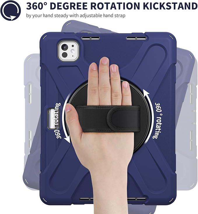Batianda Case for New iPad Pro 11-inch 2025 M5 2024 M4 Chip Heavy Duty Rugged Durability Silicone Tablet Cover with 360° Rotating Hand Strap Foldable Hidden Stand & Shoulder Strap, Navy Blue