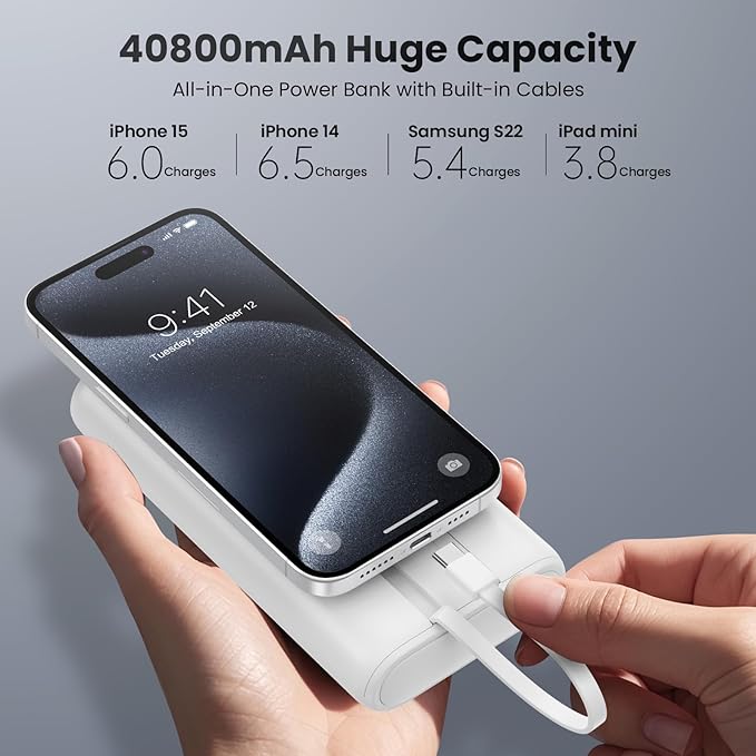 Ekrist Upgraded Portable Charger 40800mAh Power Bank - Portable Battery with 2 Built in Cables,PD 25W USB C Fast Charging Battery Pack Compatible with iPhone 17 16 15 14 13 Android Phone etc-White