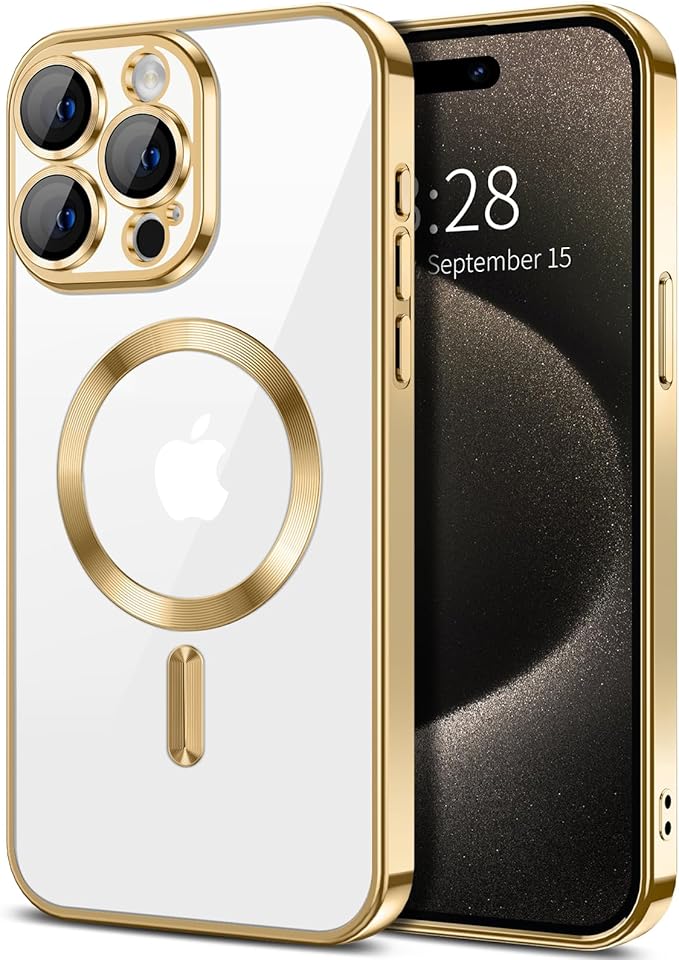 Hython Magnetic Clear for iPhone 15 Pro Max Case with Camera Lens Protector [Compatible with MagSafe] Plating Edge Slim Soft TPU Cover Protective Phone Case for iPhone 15 Pro Max 6.7", Gold
