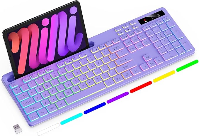 Soueto Wireless Keyboard with 7-Color RGB Backlit, Full-Size Computer Keyboard with Phone Tablet Holder, 2.4G Rechargeable Gaming Keyboard with Light Up Keys, Compatible with Mac, Windows (Purple)