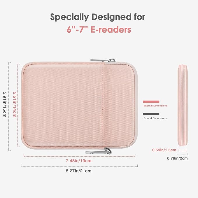 MoKo Padded Ereader Sleeve Case for 6-7 inch Ereader Tablet Bag Protective Cover Pouch with a Carabiner, Compatible with 7" eReader Colorsoft Signature Edition 2024, Pink