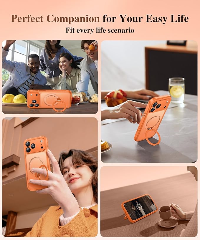BERFY for iPhone 17 Pro Case, Compatible with MagSafe, Built in Privacy Screen Protector, Shockproof Full Body Phone Case for 17 Pro with Magnetic Stand, Translucent Orange