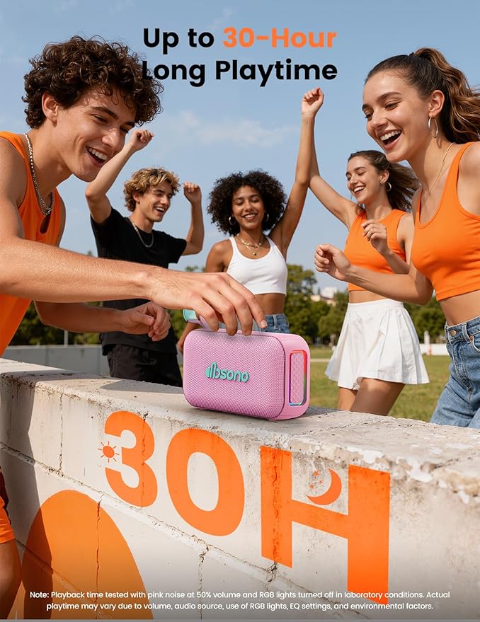 Bluetooth Speaker Stereo 20W Loud Sound: 30H Playtime, IPX5 Water Resistant, Portable Wireless Speakers, Powerful Bass, Lightshow, Birthday Gifts for Men/Adults/Teens, Beach Vacation Essentials, Pink