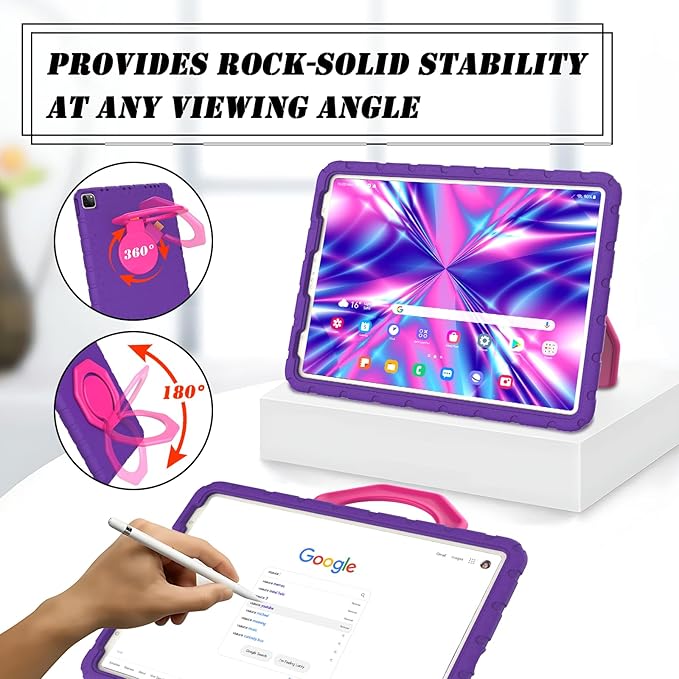 for iPad Pro 12.9 Case 3rd 4th 5th 6th Generation with Pencil Holder & 360° Rotating Handle Stand, New Cute Rugged Cover for iPad Pro 12.9 inch 2022/2021/2020/2018 - Purple
