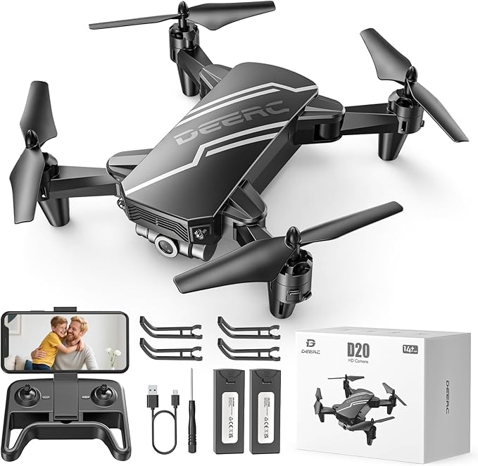 DEERC D20 Mini Drone for Kids with 1080P HD FPV Camera Remote Control Toys Gifts for Boys Girls with Altitude Hold, Headless Mode, One Key Start Speed Adjustment, 3D Flips 2 Batteries, Black