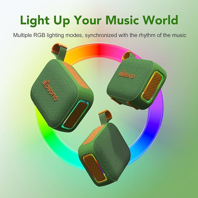 dbsono Portable Bluetooth Speaker Waterproof Gift: IPX5 HD Sound Up to 24H Playtime, TWS Pairing, Wireless Speakers with Lights, Mom Gifts, Outdoor|Travel| Camping|Pool|Beach Essentials-Dark Green