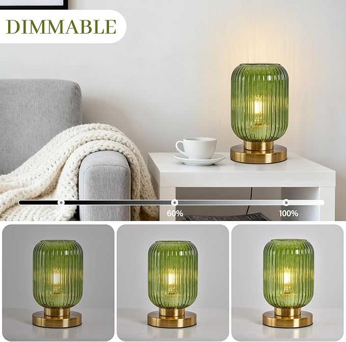 Mid Century Modern Table Lamp: Vintage Green Ribbed Glass Globe Dimmable Plug in Small Bedside Lamps - Cute Brass Gold Side Table Lamp Nightstand Light for Bedroom Entryway Office Desk Living Room