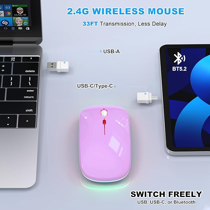 Bluetooth Wireless Mouse, Slim LED Rechargeable Silent Mouse with 2.4GHz USB-A/USB-C Receiver & Type-C Adapter, Compatible with Laptop, MacBook, iPad, iPad Pro,Mac,Tablet - Purple