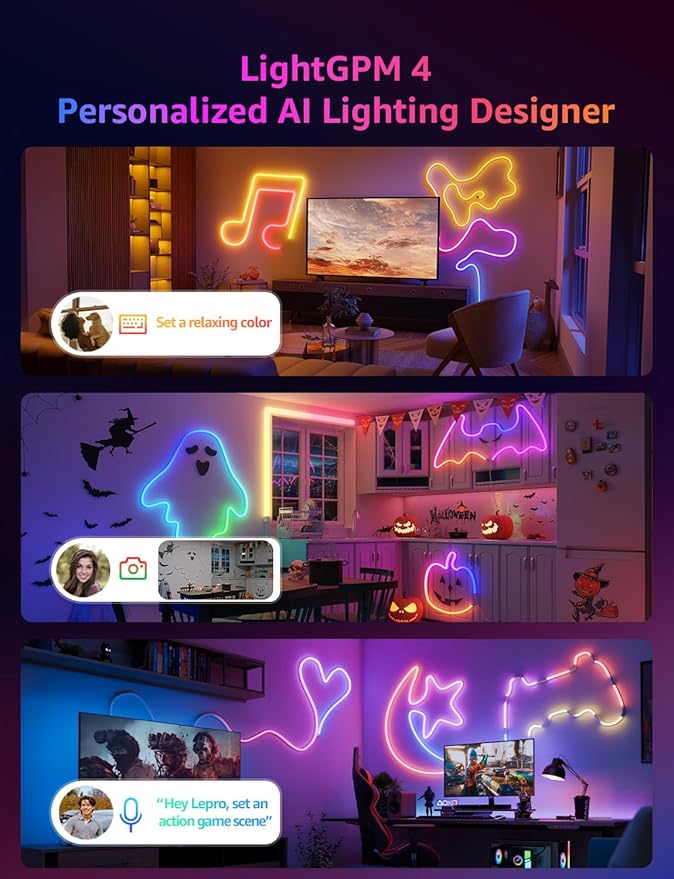 Lepro N1 AI Smart RGB Rope Lights for Christmas, Personalized AI Lighting Designer, LightBeats Music Sync, Color Segment DIY, Voice Control Via App, 19.68ft Wi-Fi & Bluetooth LED Strip Lights