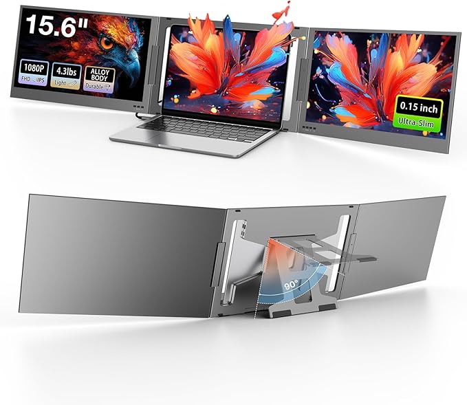 QQH 15.6" Laptop Screen Extender, Non-Clip Triple Portable Monitor, One Cable USB-C Travel Monitor for 2 Screens, Desktop Stand Laptop Monitor Extender for 12"-16" Laptops, MacOS/Windows/Android