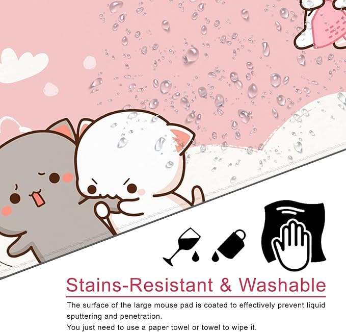 Pink Large Gaming Mouse Pad Kawaii Desk Pad XXL Cute Cat Mouse Mat 35x15.7x0.12 inch Desk Accessories (Pink Cat -2)