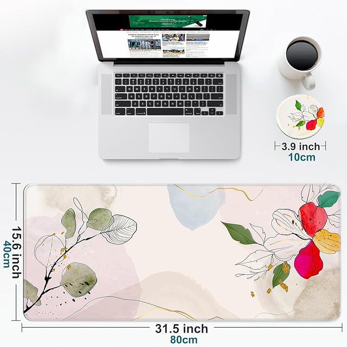 Large Gaming Mouse Pad with Coaster, Desk Matt for Desktop, Desk Pad, Mouse Pads Mat, Stitched Edges Big Extended Mousepad for Computer Keyboard Laptop Office Decor, 31.5'' x15.6''-Flowers&Leaves