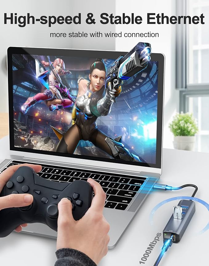 ABLEWE USB C to Ethernet Adapter, 4-in-1 RJ45 to USB-C/Thunderbolt 3 to Gigabit Ethernet LAN Network Adapter for MacBook Pro/Air 2023/2024, iPad Pro, iPhone 15/16 Pro/Max, Chromebook, XPS,Surface Book