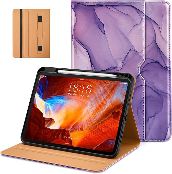 DTTO for iPad Pro 11 inch Case (M5/M4) 2025/2024, Premium Leather Business Folio Stand Cover with Pencil Holder - Auto Wake/Sleep and Multiple Viewing Angles, Purple Marble