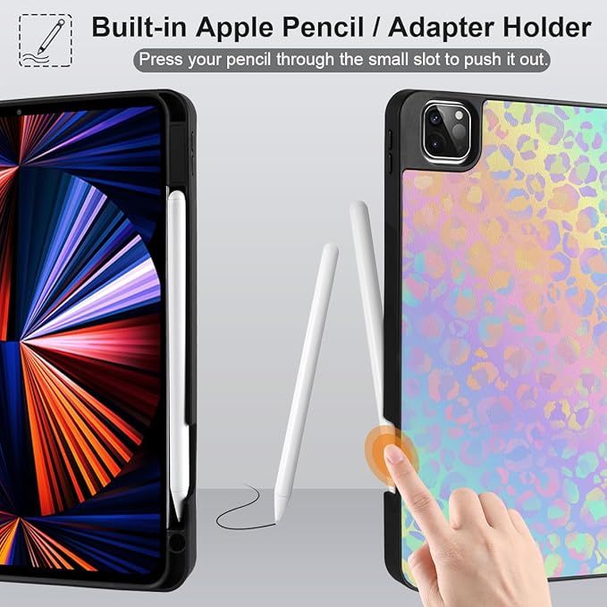 DONGKE Case for 2022/2021/2020/2018 iPad Pro 11 inch Gen 4/3/2/1 - Slim Protective Case - Built in Pencil Holder Support Charging - Trifold Stand & Sleep/Wake Cover - Colorful Leopard
