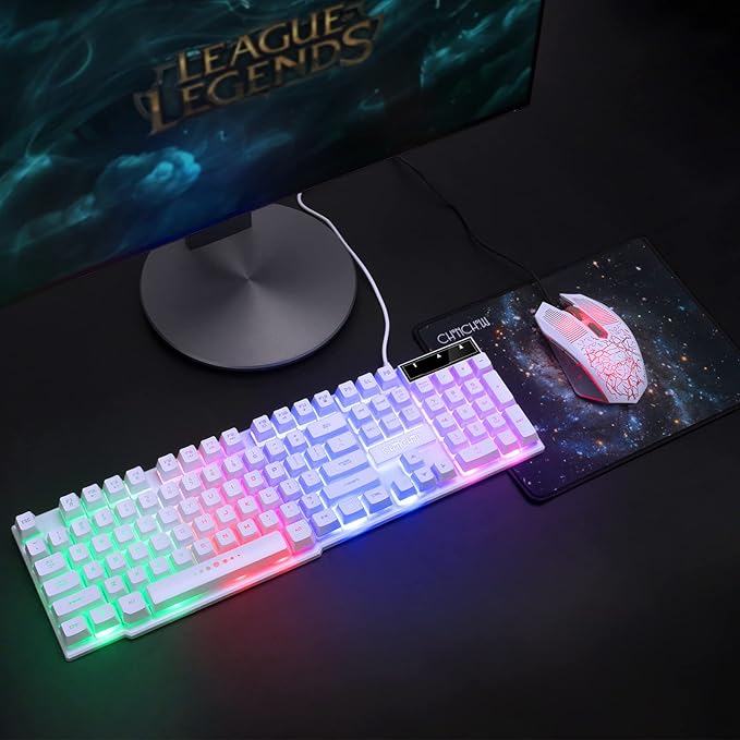 Gaming Keyboard and Mouse Wired CHOCNHOW White Keyboard Rainbow Backlit,Light Up Keys, Multimedia Keys, Waterproof Compatible with PC Laptop Xbox Ps4/Ps5 Work/Gamer