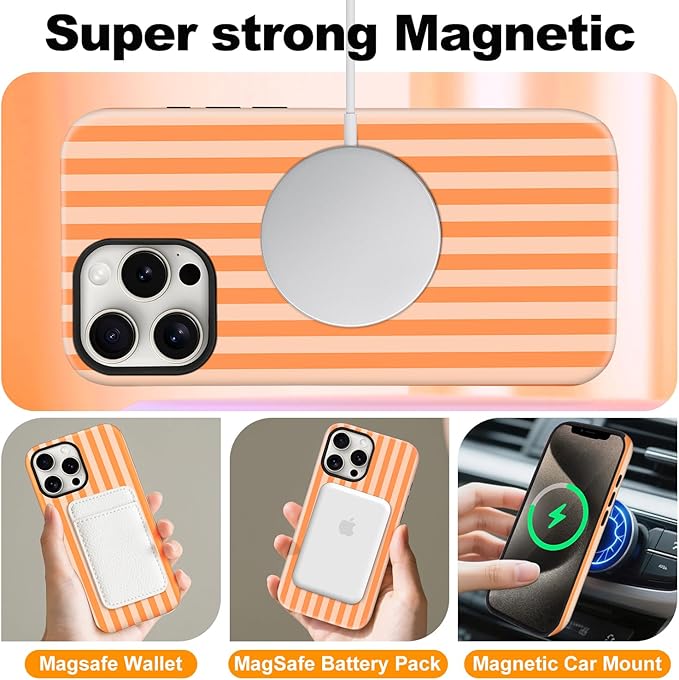 Magnetic for iPhone 15 Case Cute Stripes Phone Case, Shockproof Slim TPU and Hard PC Protective Phone Cover Compatible with MagSafe Designed for Women Girls, Orange