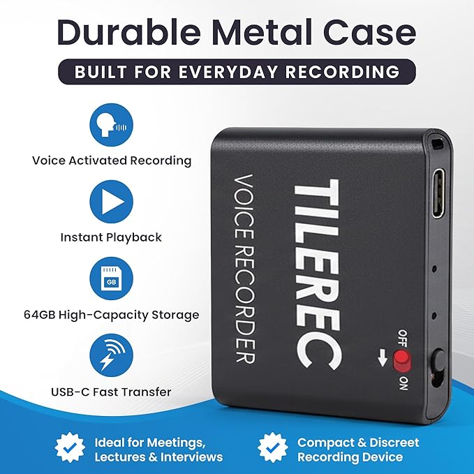 TileRec Voice-Activated Audio Recorder – 64GB Digital Dictaphone with Playback, USB-C, Metal Case – Portable Recorder for Meetings & Lectures