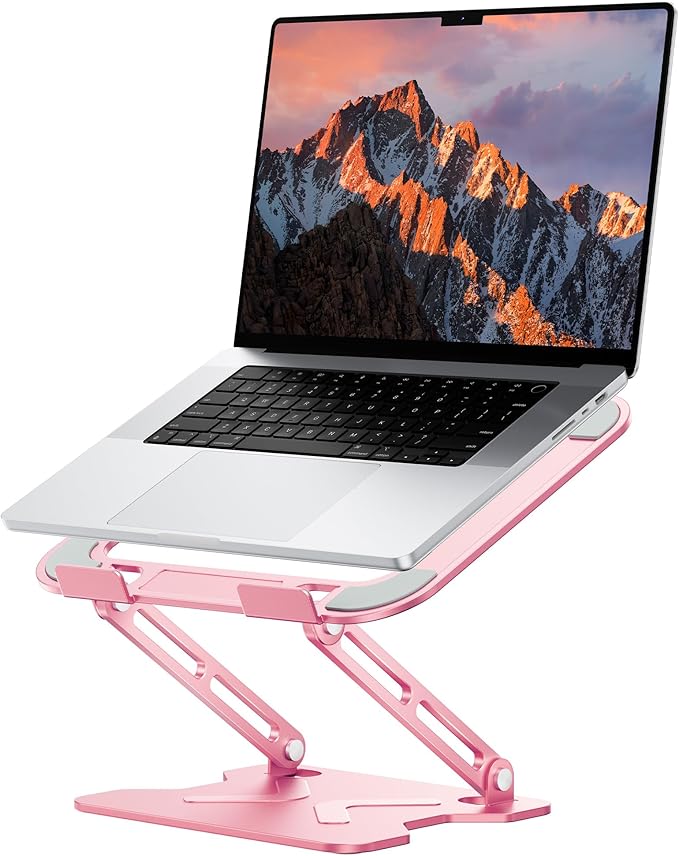 JCZT Adjustable Laptop Stand for Desk, Metal Foldable Laptop Riser, Portable Laptop Holder Mount, Ventilated Cooling Computer Notebook Stand for MacBook Air Pro, All 10-16'' Notebooks Laptops, Pink