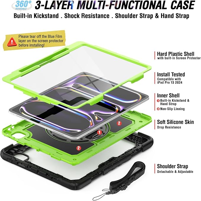 Case Compatible with iPad Pro 13 Inch 7th Generation M4 with Screen Protector Pen Holder | Heavy Duty Silicone Rugged Protection Cover W/Stand Hand Shoulder Strap | Green