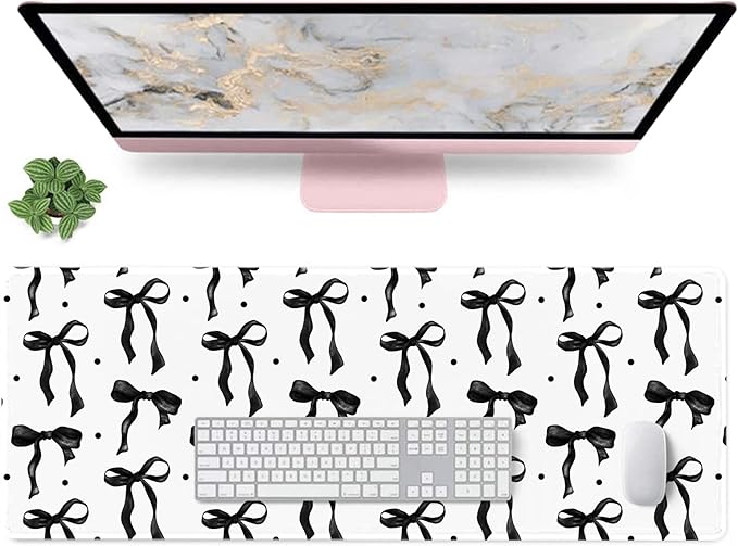 White Mouse Pad with Black Bows, Large Desk Mat Mouse Keyboard Mat for Computer Laptop Non-Slip Rubber Base, Cute Bow Office Mat Girly Desktop Accessories Office Supplies for Girls Women 31.5 x 11.8