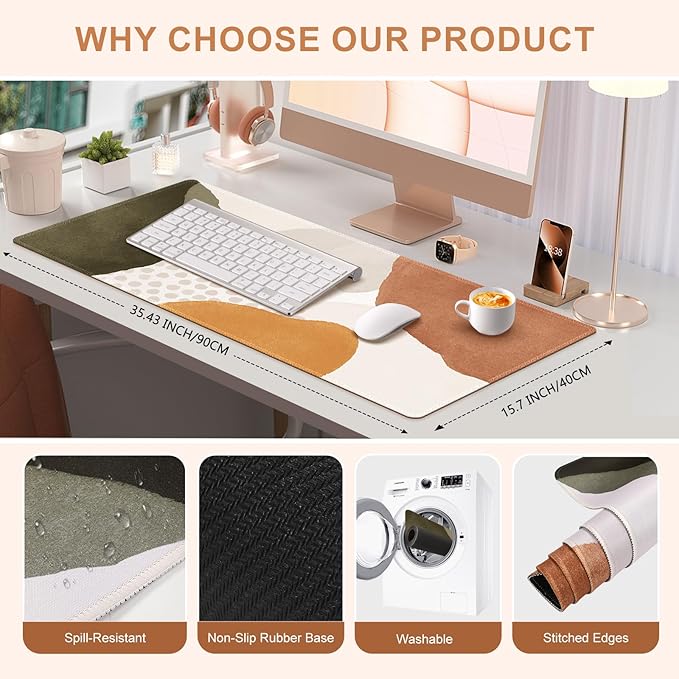 HAOCOO Boho Desk Mat, Computer Desk Pad, Large Mouse Pad for Desk, XXL Gaming Mousepad Cute for Desktop with Non-Slip Base, Waterproof Laptop Keyboard Mat for Office Home, Brown Beige