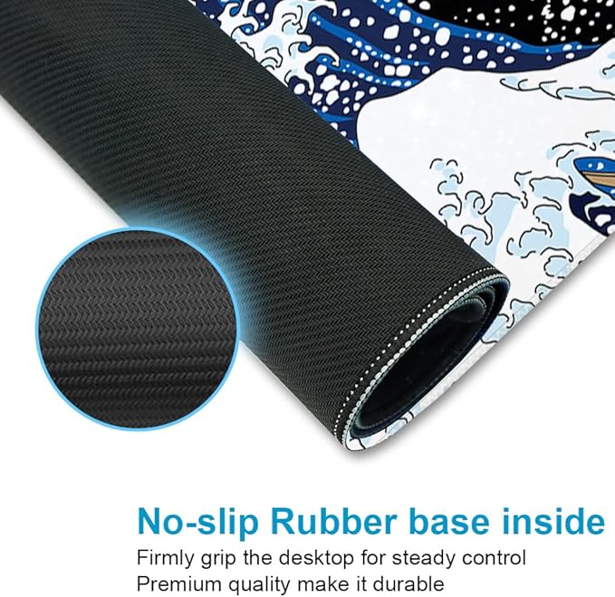 XXL Waterproof Office Desk Pad Protector 35.4x15.7 Inch - Extended Gaming Mouse Pad with Non-Slip Rubber Base, Thickened Keyboard Mat, Stitched Edges & Black Wave Design