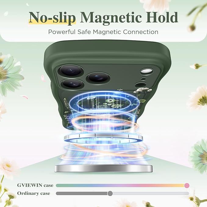 GVIEWIN for iPhone 17 Pro Max Case Compatible with MagSafe [Curly Wave Edge][Full Camera Protection] Floral Translucent Shockproof Magnetic Women Phone Case for 17 Pro Max, Floratopia/Forest Green