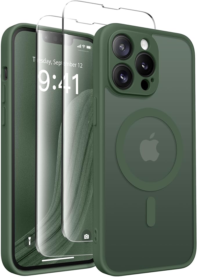 CAPRARO Magnetic for iPhone 14 Pro Case, [Compatible with MagSafe] [Full Camera Protection] Shockproof Protective Slim Translucent Matte Phone Case for iPhone 14 Pro 6.1'', Deep Green