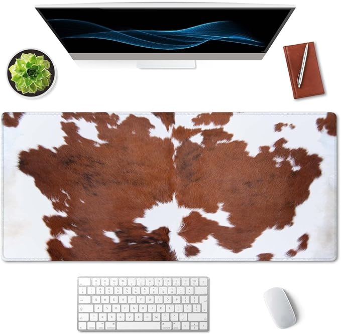 SSOIU Extended Mouse Pad, XXL Gaming Mouse Pads, Large Big Mousepad Laptop Computer Keyboard Mat Desk Pad with Non-Slip Base Stitched Edge for Gaming Office, 35.5 x 15.7 inch, Brown Cowhide Print