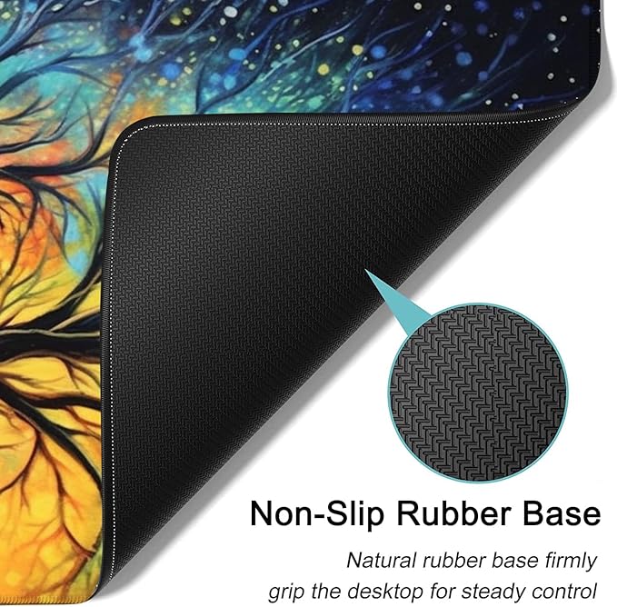 Large Mouse Pad, 31.5 x 11.8in Extended Gaming Mouse Pad with Stitched Edges, XXL Mousepad Protector Non Slip Rubber Base for Office and Home Writing Mat, Colorful Tree of Life Pattern Black Desk Mat