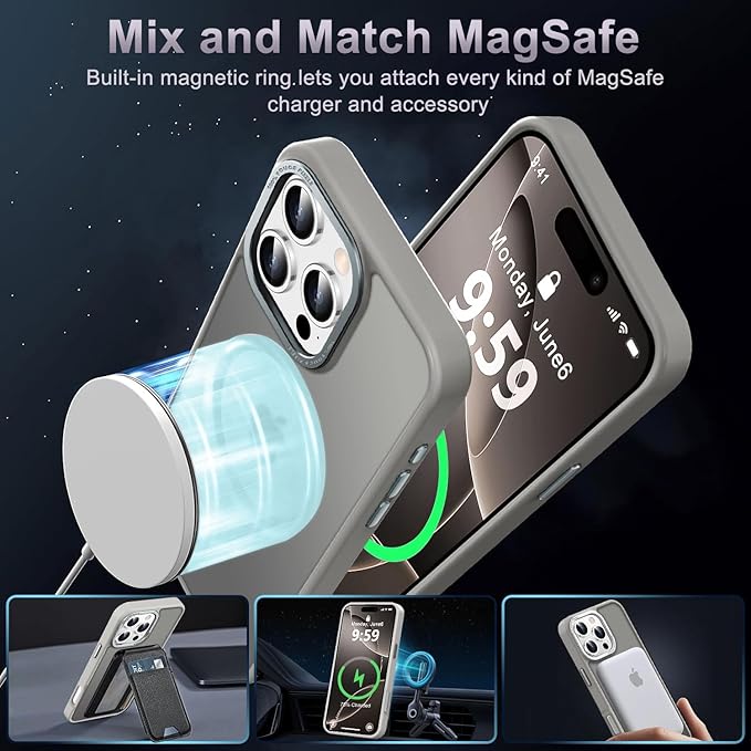 Newfuture Designed for iPhone 16 Pro Case with Magnetic [13 FT Military Drop Protection] [Compatible with Magsafe] Slim Translucent Matte Shockproof with Anti-Fingerprint Phone Case,Titanium Gray