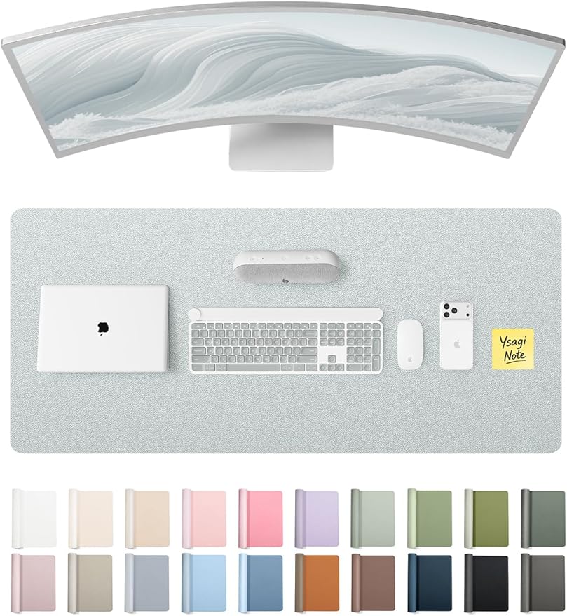 YSAGi Leather Desk Pad Protector, Office Desk Mat, Large Mouse Pad, Non-Slip PU Leather Desk Blotter, Laptop Desk Pad, Waterproof Desk Writing Pad for Office and Home (Silver, 47" x 17")