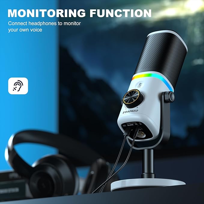 Aokeo Microphone for PC, AK-10 USB/XLR Dynamic Desktop Microphone for Gaming,Podcast,Streaming with RGB Light,Volume Control,Mute Button,Noise Reduction