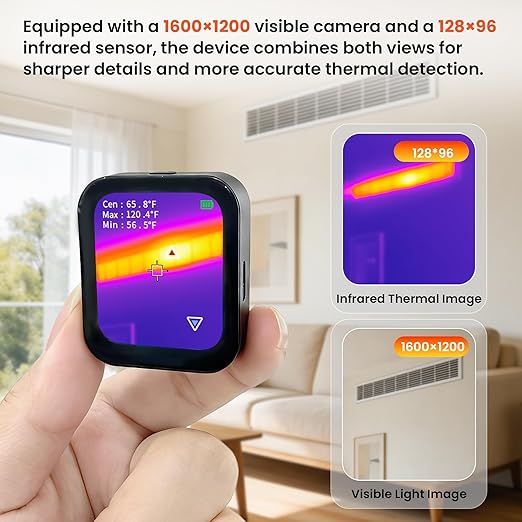 Small Thermal Imaging Camera for Home Inspection – 128×96 IR Resolution Thermal Camera for Wall Leak & Insulation Detection, Mini Thermal Imager for Beginner