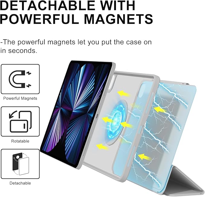 ZENLU iPad Pro 11 inch Case with Removable Magnetic Folio Cover, Premium PU Leather, Multiple Angles Stand, Pencil Slot Charging Support, Full Protective Case for 11" (1/2/3/4 Gen) iPad Pro (Grey)