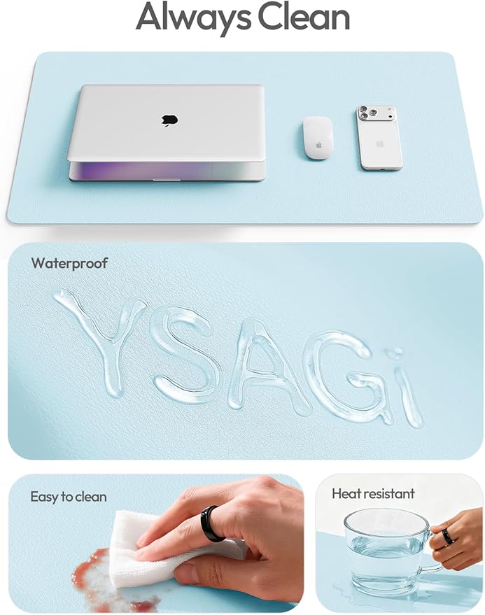 YSAGi Leather Desk Protector, Office Mat, Large Mouse Mat, Non-Slip PU Leather Blotter, Laptop Pad, Waterproof Writing Pad for Office and Home (Baby Blue, 47.2" x 23.6")