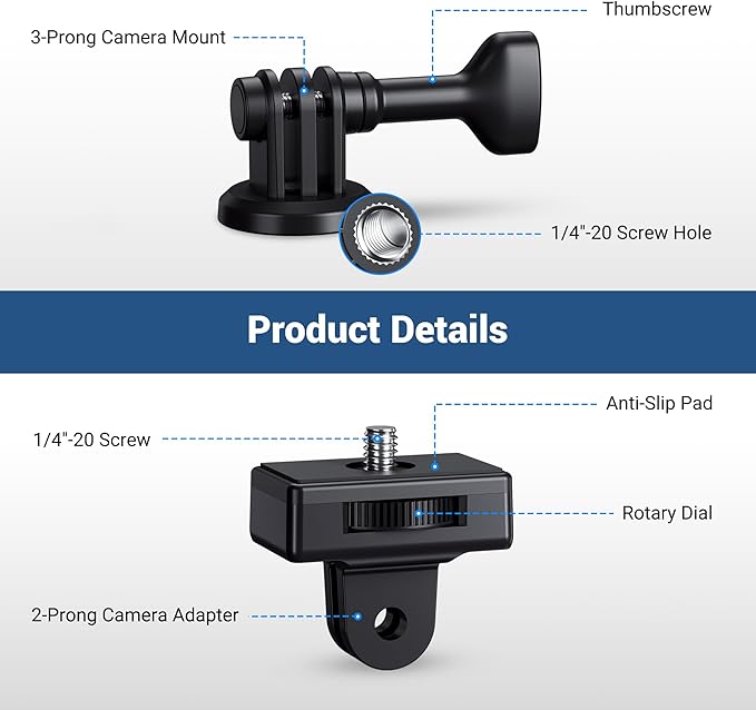 (3+2) 1/4"-20 Tripod Mount Adapter + Action Camera Tripod Adapter Mount Kit, Adapter Sets for Action Camera GoPro Hero 12 11 10 9 8 7 6 5 DJI Osmo Action 4 3 Insta360 Ace Pro