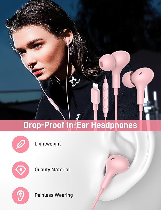 iMangoo for Apple MFi-Certified Headphones for Lightning Wired Earbuds Magnetic Ear Buds with HiFi Bass,3 Ear Tips Mic Corded Earphones for Gym, Commuting for iPhone 14 Plus 13 12 11 Pro Max Pink