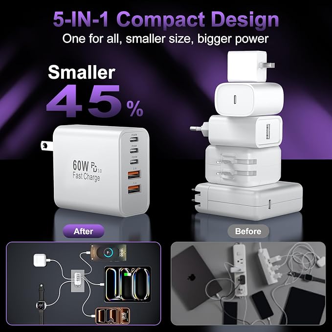 USB C Fast Wall Charger Block, 2Pack 60W USBC Charging Cubes, 5-Port PD+QC Power Adapter Multiport Brick Type C Box Plug for Phone 16/15/14/13/12/11/Pro Max/Plus, Pad Mini/Pro/S25/S24-White+Black