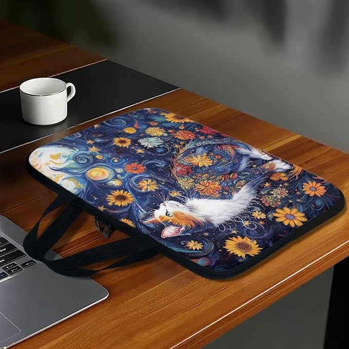 Starry Night Laptop Sleeve 13 Inch Laptop Protective Case Cute Cat Floral Computer Sleeve Neoprene Protective for 10-17 Inch Computer, Notebook, Chromebook, Tablet Bag