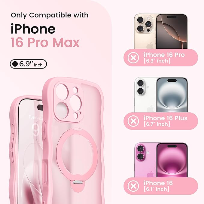 CAPRARO for iPhone 16 Pro Max Case with 360° Spin Magnetic Stand for Women, [Compatible with MagSafe] [Full Camera Protection] Cute Wave Translucent Matte Case for iPhone 16 Pro Max, Peach Pink
